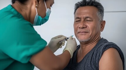 A healthcare professional administers a vaccine to a smiling man, highlighting the importance of immunization and health awareness.
