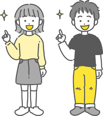 指差しする男の子と女の子のかわいい線画イラスト