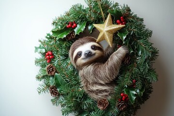 Obraz premium Festive baby sloth clinging to christmas wreath holiday decor indoor close-up joyful concept