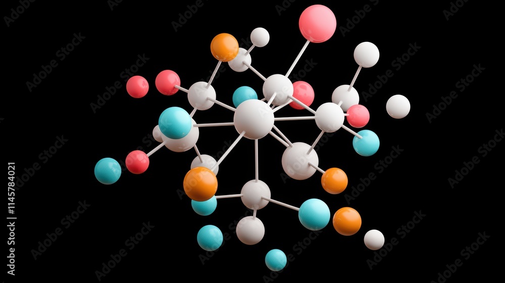 Poster a 3d rendering of a complex molecule, with brightly colored spheres representing atoms connected by 