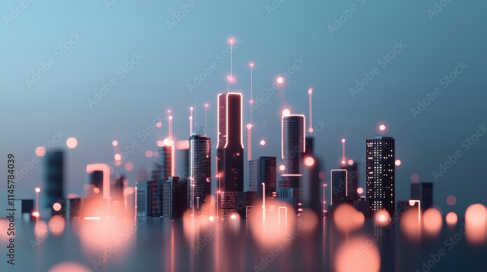 Poster a futuristic cityscape with holographic projections of data streams and network connections, represe