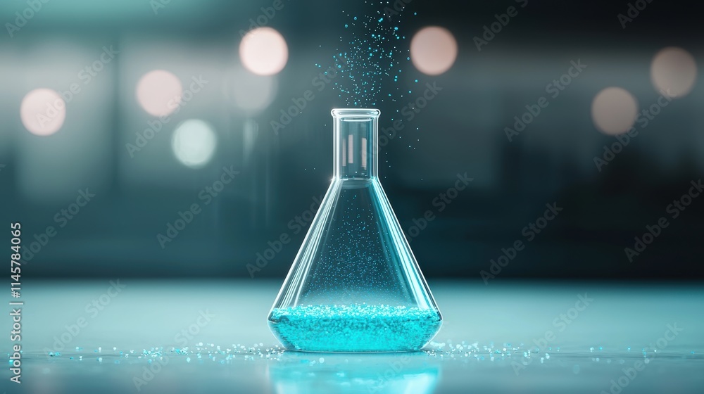 Poster close up shot of a glowing blue solution inside a flask, illuminated from below to highlight the eth