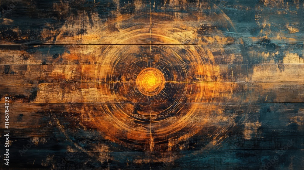 Poster nuclear energy symbol on aged wooden background with artistic swirl pattern representing energy and 