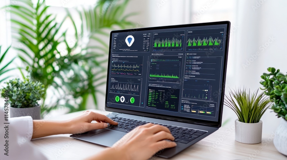 Poster a close-up of a person using a laptop, displaying data analytics on screen, surrounded by greenery a