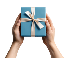 A person holds a gift box in his hands, on transparent background. 
