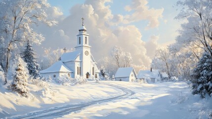 Snow-covered church in serene white village landscape under a clear blue sky with fluffy clouds and trees blanketed in winter snow.