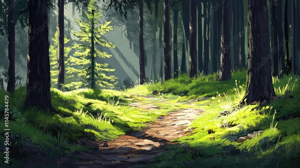 Aufkleber lush pine tree forest path with vibrant moss and grass, sunlight filtering through trees in summer w
