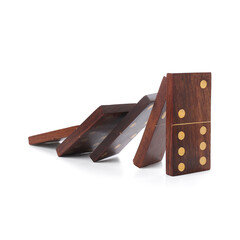 Many wooden dominos blocks on white background