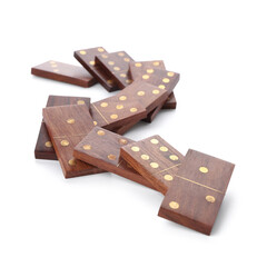 Many wooden dominos blocks on white background