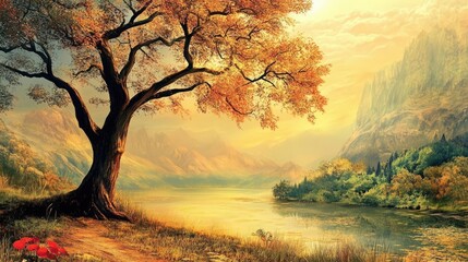 Obraz premium Scenic landscape with a tall tree by a tranquil lake surrounded by vibrant autumn foliage and mountains in the background