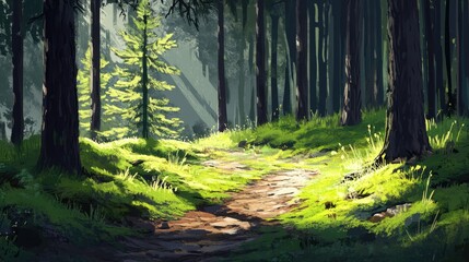 Obraz premium Lush pine tree forest path with vibrant moss and grass, sunlight filtering through trees in summer woodland serenity.