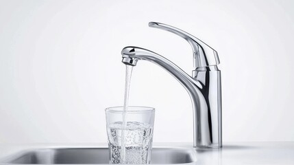 Water Pouring from a Chrome Faucet into a Glass