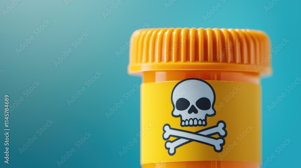 Poster a close up shot of a bright yellow warning label with a skull and crossbones symbol, emphasizing the