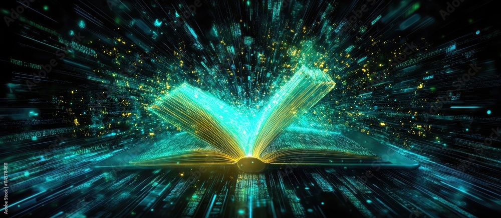 Poster dynamic digital book emitting light and particles representing online learning and e-learning techno