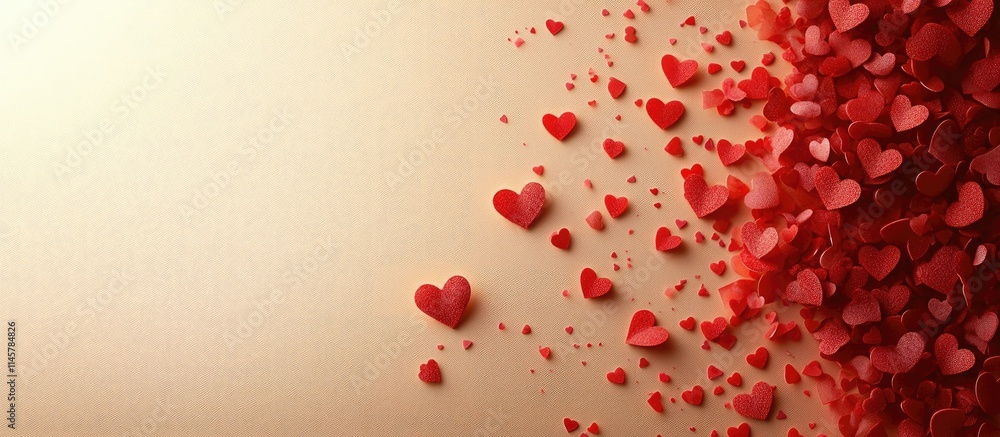 Poster red paper hearts scattered diagonally on a light background creating negative space for text in the 