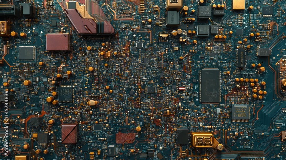 Poster a magnified view of a microchip network on a motherboard, highlighting the fine pathways interconnec