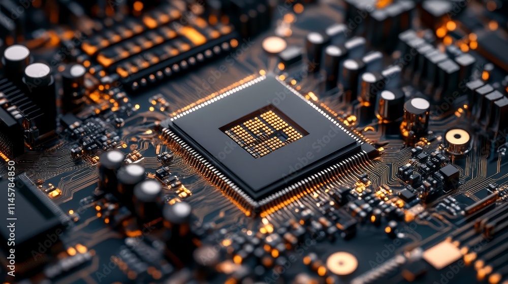 Poster close-up of a microprocessor on a circuit board, showcasing intricate electronic components.