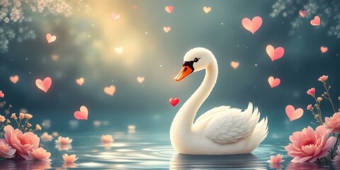 Elegant Swan with hearts Illustration in Artistic Style