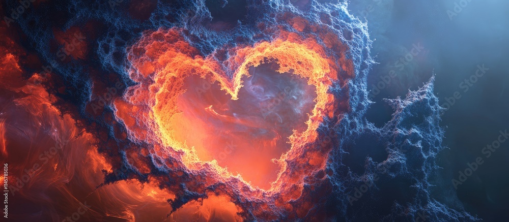 Poster fractal heart in vivid colors with dynamic lighting emanating from a cosmic background creating an a