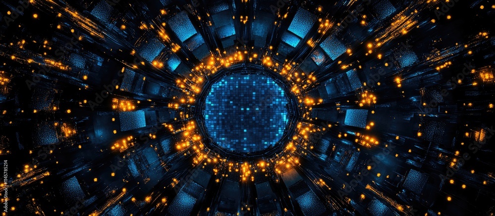 Aufkleber birds eye view of a futuristic circular grid design with glowing elements and blue energy patterns i