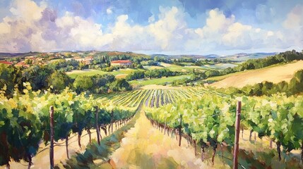 Fototapeta premium Vibrant vineyards under a bright sky showcasing lush green landscapes and rolling hills in a serene countryside setting