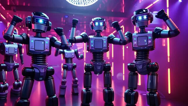 A group of advanced robots dancing in a club