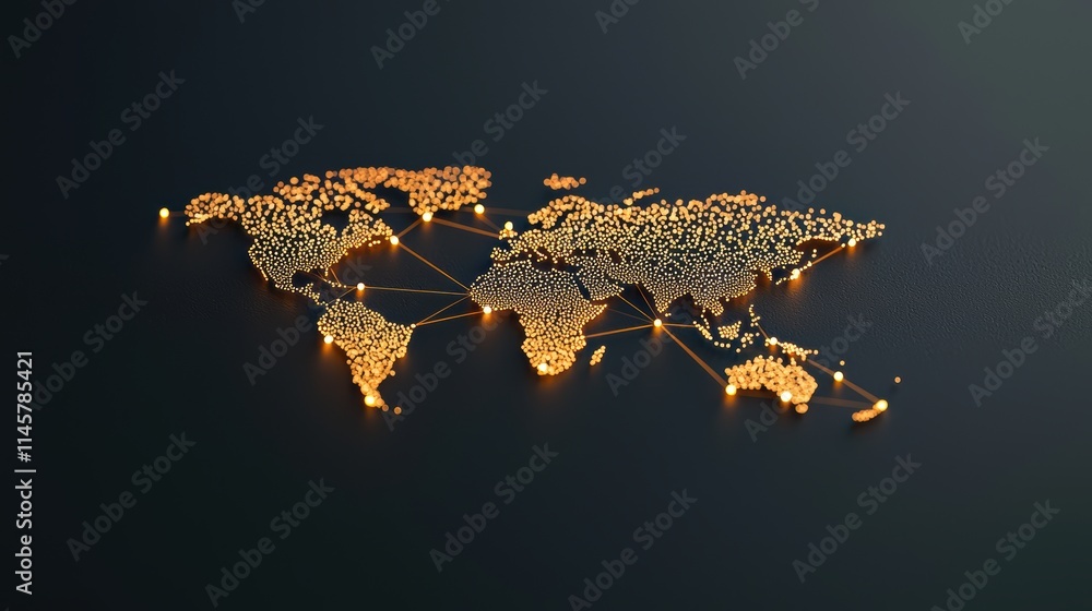 Poster minimalist world map formed by connecting dots on a black background, emphasizing the interconnected