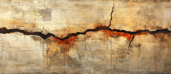 Fototapeta premium Deteriorating concrete wall with cracks and stains illustrating weathering effects and aging over time