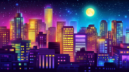 Night city street with neon illumination, metaverse technology glow buildings, perspective view from rooftop. Urban architecture, megalopolis infrastructure in darkness, Cartoon vector illustration