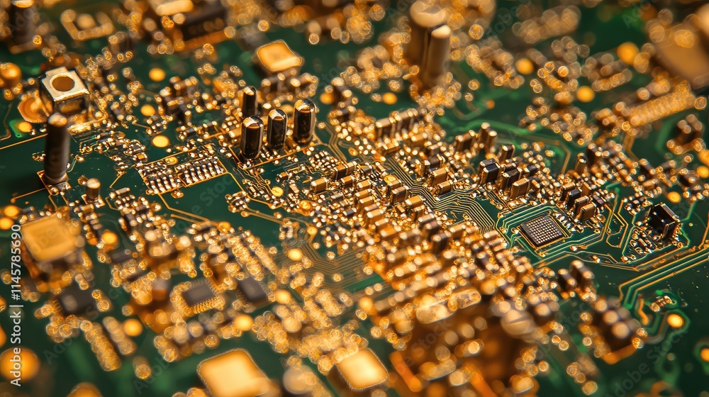 Poster a magnified view of a microchip network on a motherboard, highlighting the fine pathways interconnec