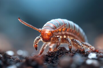 Colorful arthropod crawling on dark soil in a macro perspective during daylight hours