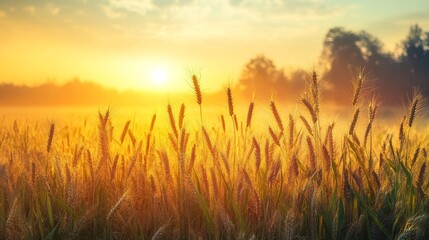 Fototapeta premium A serene sunrise over a golden field, highlighting nature's beauty and tranquility.