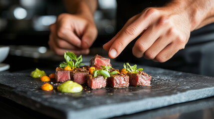 Modern food stylist meticulously arranging a dish for presentation in a high-end restaurant. Close-up of the stylistâs hand carefully placing garnishes on the plate, focusing on th