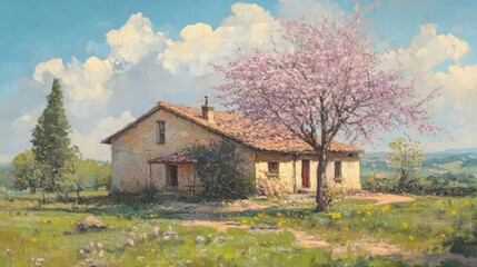 Charming Springtime Landscape with Rural House and Pink Blossom Tree in Lush Green Field