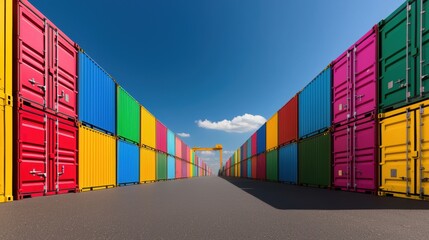 Fototapeta premium Stacked shipping containers in various colors and sizes at a bustling port, representing the movement of goods and raw materials across international borders.