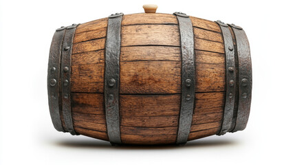 Wooden barrel for wine or beer. Cask from oak wood with copper or iron rings. Vector realistic keg for whiskey, rum or cognac isolated on transparent background
