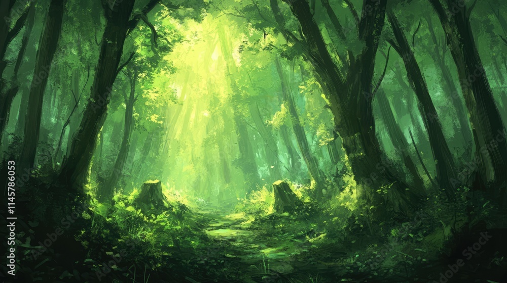 Poster lush green forest with sunlight filtering through trees creating a serene and mystical atmosphere in