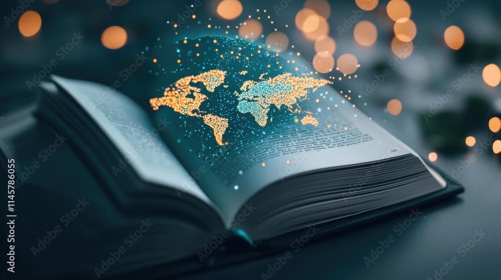 Poster open book with pages turning and a holographic world map projection emerging from the pages, symboli
