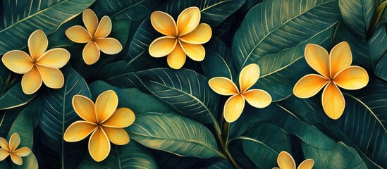 Vibrant yellow plumeria flowers in full bloom surrounded by lush green foliage creating a tropical paradise atmosphere