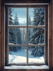 Obraz premium Winter wonderland viewed from a rustic wooden window
