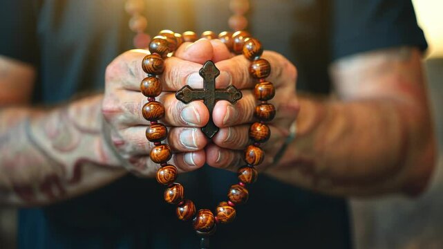 Sacred devotion: folded hands clasped with rosary beads and crucifix of Jesus Christ, prayer and unwavering faith, a moment of connection, belief, deep spiritual reverence.