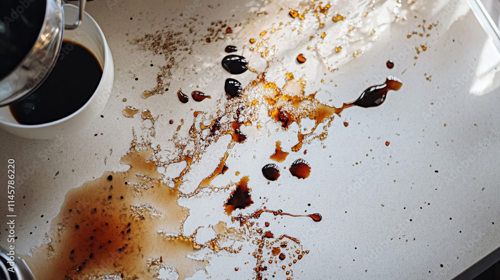 Aufkleber water spills on table top perspective view. vector realistic background with liquid puddles, water d