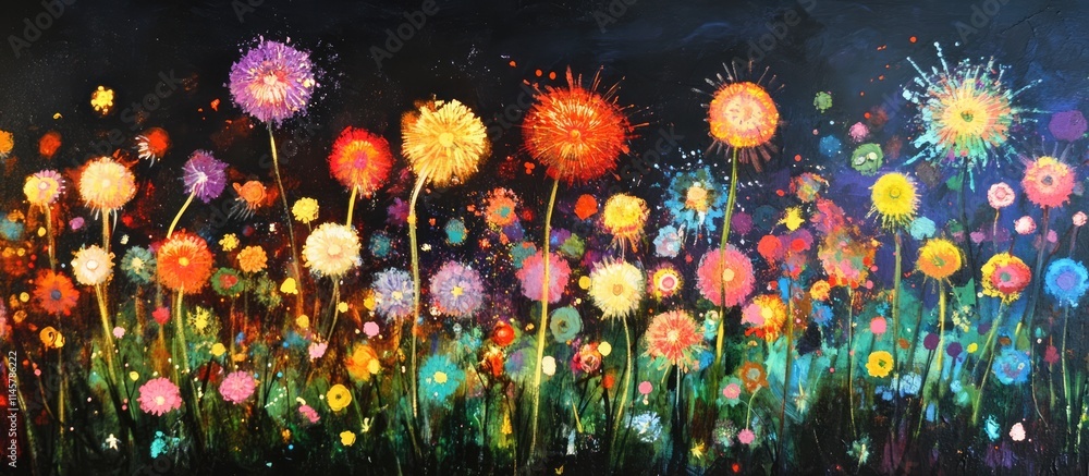 Poster colorful abstract dandelion field with firework-like blooms against a dark background in a vibrant a