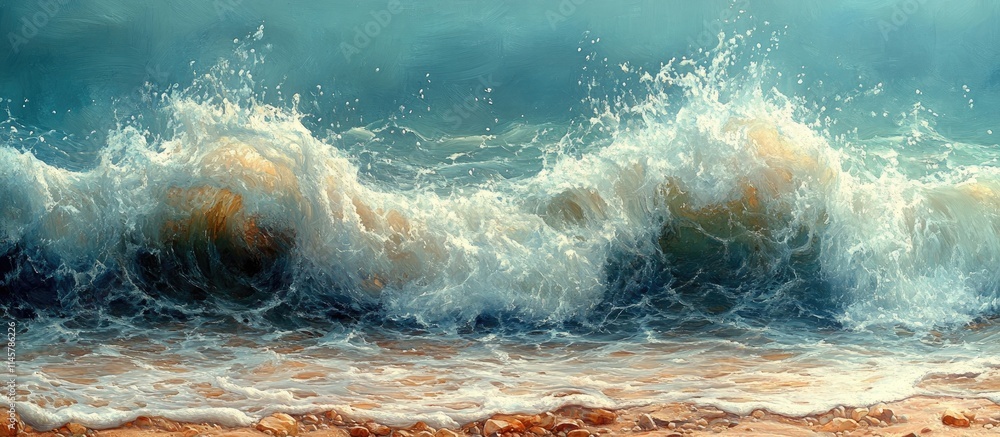 Poster dynamic ocean waves crashing on the shore creating a serene coastal atmosphere with a beautiful blen