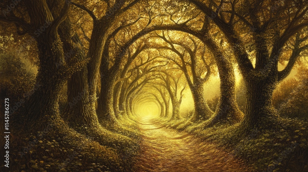 Poster Autumn pathway through a golden grove with trees creating a serene tunnel effect in a peaceful countryside setting