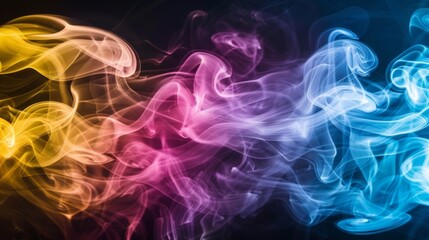Fototapeta premium Abstract colorful smoke flowing in vibrant shades of yellow, orange, pink, purple, and blue against a black background. 