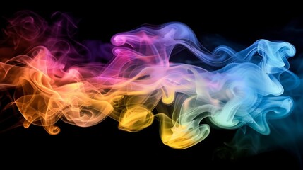 Obraz premium Abstract colorful smoke flowing in vibrant shades of yellow, orange, pink, purple, and blue against a black background. 