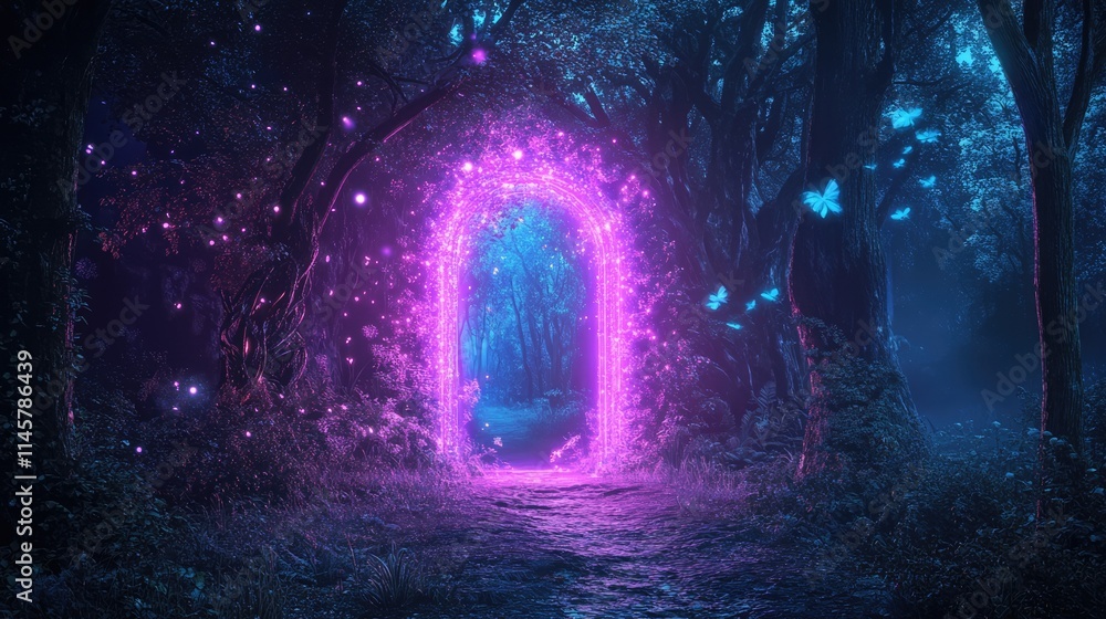 Poster mysterious neon portal in enchanted forest with glowing butterflies and ethereal atmosphere creating