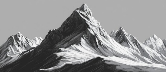 Obraz premium Majestic snow-capped mountains highlighting dramatic peaks and valleys under a serene overcast sky in a monochromatic landscape scene.