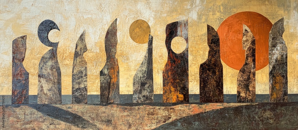 Poster artistic abstract representation of celestial elements with silhouettes against a warm background sy